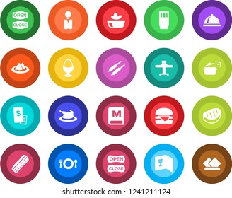 Round color solid flat icon set - waiter vector, dish, restaurant table, serviette, cafe, wine card, menu, drink, salad, bacon, egg stand, open close, receipt, chicken, steak, kebab, hamburger