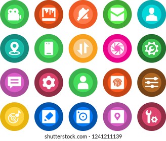 Round color solid flat icon set - phone back vector, message, mobile camera, settings, tuning, user, mail, scanner, notes, data exchange, mute, place tag, fingerprint id, music, video, root setup