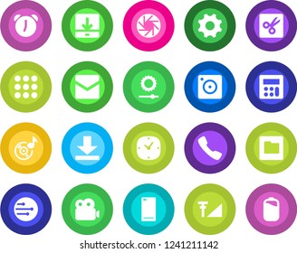 Round color solid flat icon set - phone back vector, call, menu, mobile camera, settings, calculator, clock, alarm, mail, network, folder, download, brightness, cut, music, video, cellular signal
