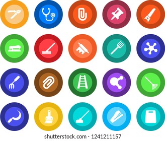 Round color solid flat icon set - garden fork vector, farm, rake, ladder, pruner, saw, hoe, sickle, stethoscope, share, themes, drawing pin, paper clip, stapler, rolling, cutting board