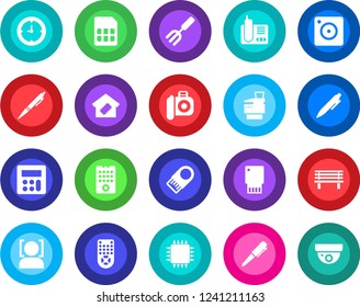 Round color solid flat icon set - pen vector, garden fork, bench, clock, camera, remote control, radio phone, mobile, calculator, sim, face id, copier, smart home, chip, usb flash, surveillance