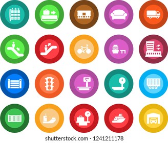 Round color solid flat icon set - baggage conveyor vector, escalator, waiting area, seat map, luggage scales, airport building, bike, traffic light, sea shipping, truck trailer, cargo container