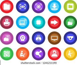 Round color solid flat icon set - wireless notebook vector, right arrow, printer, support, folder document, monitor, share, download, chip, web camera, eye scan, man with