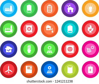 Round color solid flat icon set - fire vector, oil barrel, battery, low, sun panel, windmill, factory, home control, eco house, socket, water heater, bulb, energy saving