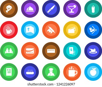 Round color solid flat icon set - hot cup vector, coffee, cook, dish, wine card, reserved, cocktail, waiter, salt and pepper, bread, candle, credit, restaurant receipt, chicken, rolling pin, knife