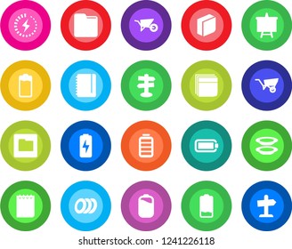 Round color solid flat icon set - notepad vector, presentation board, wheelbarrow, signpost, battery, low, folder, charge, blank box, plates, guidepost