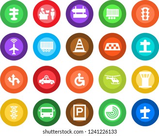 Round color solid flat icon set - airport tower vector, plane radar, taxi, bus, parking, passport control, signpost, alarm car, border cone, helicopter, disabled, route, traffic light, truck trailer