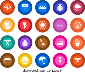 Round color solid flat icon set - umbrella vector, sun, flower in pot, ripper, tree, lady bug, seedling, rain, plant label, picnic table, tulip