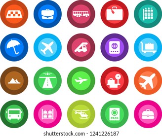 Round color solid flat icon set - plane vector, runway, taxi, suitcase, baggage trolley, airport bus, umbrella, passport, ladder car, helicopter, seat map, luggage storage, scales, mountains, case