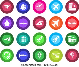 Round color solid flat icon set - plane vector, departure, ladder car, boarding, helicopter, seat map, globe, airport building, lady bug, rocket, paper, air balloon