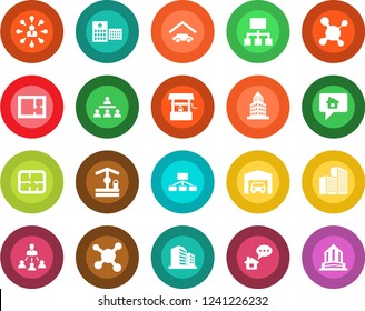 Round color solid flat icon set - hierarchy vector, well, molecule, hospital, office building, garage, plan, home message