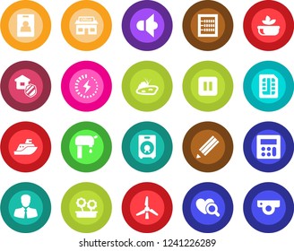 Round color solid flat icon set - heart diagnostic vector, store, client, sea shipping, speaker, pause button, calculator, sim, charge, identity card, abacus, pencil, pond, windmill, water supply