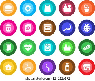 Round color solid flat icon set - manager place vector, flower in pot, lady bug, sun, sickle, heart pulse, ampoule, scanner, document search, desk, house, windmill, bacon, hamburger, cutting board