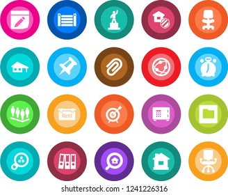 Round color solid flat icon set - alarm clock vector, safe, office chair, pedestal, team, drawing pin, house, container, network, folder, notes, paper clip, binder, with garage, rent, estate search