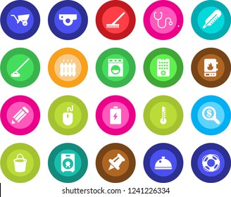 Round color solid flat icon set - mouse vector, pencil, rake, wheelbarrow, bucket, hoe, stethoscope, thermometer, speaker, paper pin, heater, dish, remote control, water, web camera, washer, battery