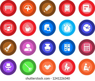Round color solid flat icon set - alarm clock vector, ripper, rake, saw, bench, coffee, monitor statistics, pie graph, news, document search, calculator, office chair, support, archive box, pencil