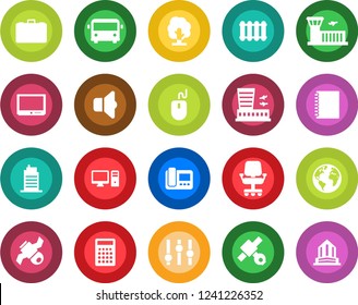 Round color solid flat icon set - airport bus vector, building, case, mouse, tree, earth, satellite, settings, tv, copybook, city house, intercome, pc, radiator, sound, office chair, calculator