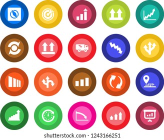 Round color solid flat icon set - growth statistic vector, crisis graph, route, navigation, up side sign, sorting, update, compass, moving, target, arrow, clock, presentation