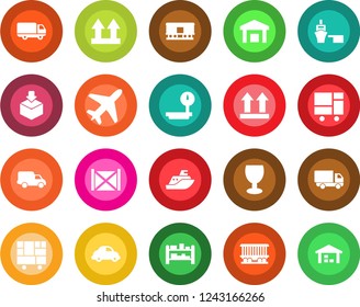 Round color solid flat icon set - plane vector, railroad, sea shipping, car delivery, port, container, consolidated cargo, fragile, up side sign, warehouse, package, heavy scales, rack