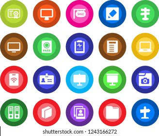 Round color solid flat icon set - passport vector, identity, office binder, document, pulse clipboard, signpost, monitor, laptop pc, folder, notes, photo gallery, presentation board, blank box, sale