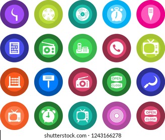 Round color solid flat icon set - alarm clock vector, phone, tv, abacus, sickle, plant label, reel, vinyl, radio, office, open close