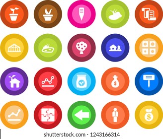 Round color solid flat icon set - left arrow vector, manager, contract, seedling, plant label, greenhouse, pond, fertilizer, application, point graph, house with tree, fruit, eco, money bag