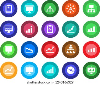 Round color solid flat icon set - growth statistic vector, hierarchy, presentation board, monitor pulse, clipboard, bar graph, pie, point, arrow up, crisis