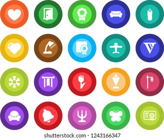 Round color solid flat icon set - pennant vector, butterfly, garden light, heart, tulip, bell, sertificate, desk lamp, cushioned furniture, restaurant table, candle, snowflake, door, pennon