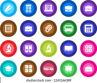 Round color solid flat icon set - airport bus vector, checkroom, book, calculator, graduate, abacus, presentation board, microscope, case, paper clip, stapler