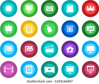 Round color solid flat icon set - fence vector, flight table, presentation board, meeting, clipboard, clapboard, rooms, sold signboard, smart home, cutting, chip