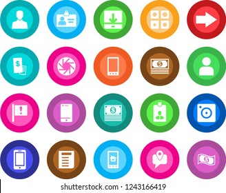 Round color solid flat icon set - right arrow vector, mobile phone, identity card, document, important flag, cash, tracking, cell, camera, user, download, application, restaurant receipt