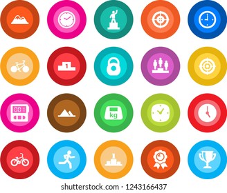 Round color solid flat icon set - pedestal vector, medal, bike, run, heavy, clock, stopwatch, target, mountains, award cup