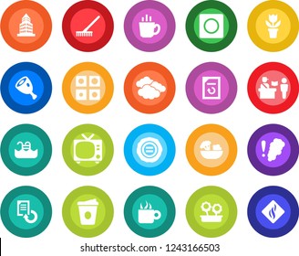 Round color solid flat icon set - passport control vector, tv, clouds, coffee, document reload, stamp, flower in pot, rake, record, application, office building, pool, salad, ham, smoke detector