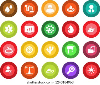 Round color solid flat icon set - contract vector, statistic monitor, water drop, pond, heart diagnostic, ambulance star, patient, route, folder document, antenna, root setup, target, supply