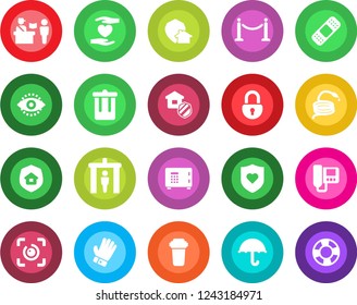 Round color solid flat icon set - fence vector, passport control, security gate, trash bin, safe, glove, hose, patch, heart shield, hand, umbrella, lock, eye id, estate insurance, intercome