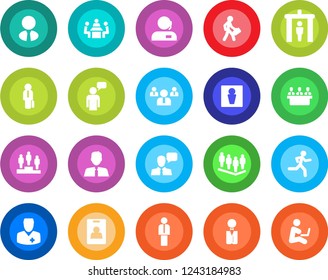Round color solid flat icon set - security gate vector, male, manager, speaking man, pedestal, team, run, doctor, speaker, identity card, support, meeting, estate agent, waiter, with notebook