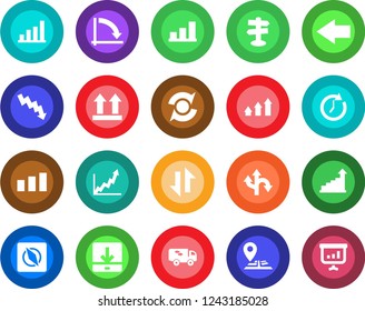 Round color solid flat icon set - left arrow vector, growth statistic, crisis graph, route, signpost, navigation, up side sign, sorting, data exchange, download, compass, update, bar, moving, clock