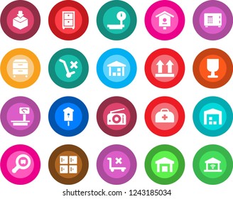 Round color solid flat icon set - safe vector, checkroom, bird house, doctor case, fragile, up side sign, no trolley, warehouse, package, heavy scales, search cargo, radio, archive box