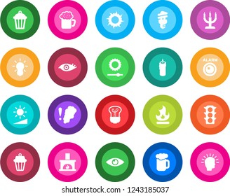 Round color solid flat icon set - fire vector, sun, garden light, eye, traffic, brightness, fireplace, beer, candle, smoke detector, bulb, energy saving, outdoor lamp, alarm led, shining head