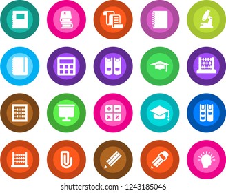 Round color solid flat icon set - contract vector, book, calculator, graduate, abacus, notepad, microscope, copybook, presentation board, paper clip, pencil, shining head