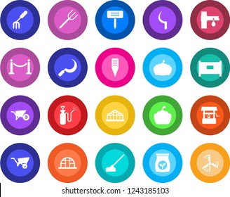 Round color solid flat icon set - fence vector, garden fork, farm, wheelbarrow, well, hoe, sickle, plant label, pumpkin, greenhouse, sprayer, fertilizer, drip irrigation, windmill