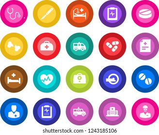Round color solid flat icon set - heart pulse vector, doctor case, diagnosis, stethoscope, pills, scalpel, tomography, ambulance car, hospital bed, broken bone, clipboard