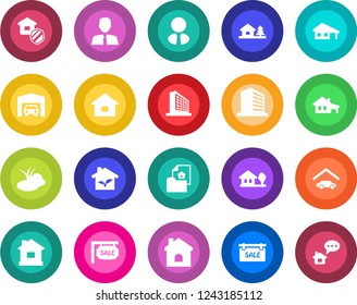 Round color solid flat icon set - office building vector, house, pond, with garage, tree, estate document, sale, agent, insurance, eco, home message