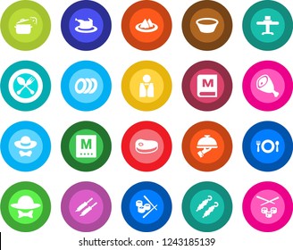 Round color solid flat icon set - spoon and fork vector, waiter, restaurant table, serviette, cafe, menu, plates, dress code, chicken, steak, kebab, ham, bowl, steaming pan, sushi