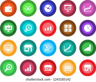 Round color solid flat icon set - shop vector, checkroom, growth statistic, store, monitor statistics, pie graph, hr, consumer search, arrow up, wallet, presentation, storefront