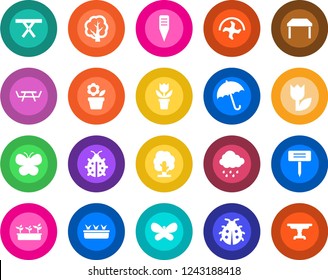 Round color solid flat icon set - umbrella vector, flower in pot, ripper, tree, butterfly, lady bug, seedling, rain, plant label, picnic table, tulip