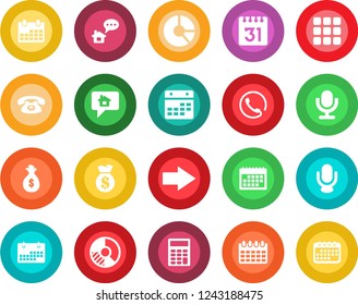 Round color solid flat icon set - right arrow vector, calendar, circle chart, microphone, menu, calculator, phone, home message, money bag