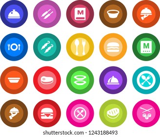Round color solid flat icon set - spoon and fork vector, dish, cafe, menu, plates, waiter, steak, kebab, hamburger, bowl, sushi