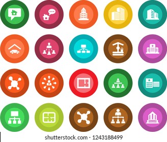 Round color solid flat icon set - hierarchy vector, well, molecule, hospital, office building, garage, plan, home message