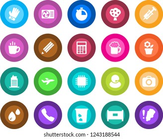 Round color solid flat icon set - fence vector, trash bin, flower in pot, glove, syringe, plane, support, camera, call, stopwatch, calculator, pencil, fruit tree, city house, coffee, beer, chip